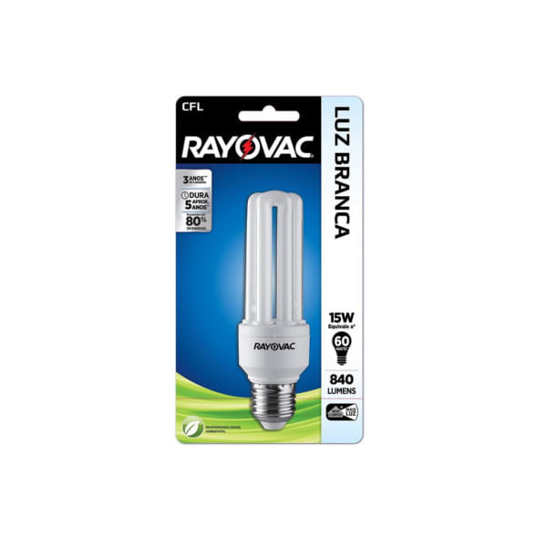 Lâmpada RAYOVAC 1un Lâmpada Fluorescentes Compactas RAYOVAC CFL 15W 127V Flat Luz Branca Caixa 1un