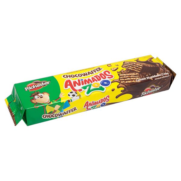 Wafer Recheio e Cobertura Chocolate Richester Animados Zoo Pacote 126g