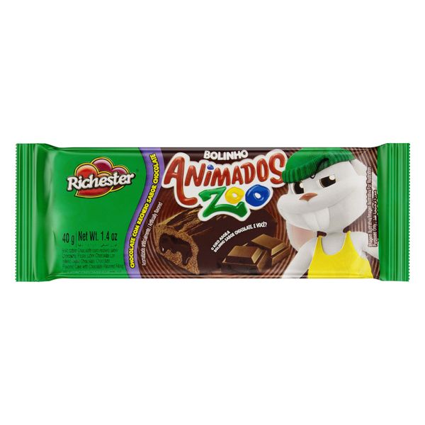 Bolinho Chocolate Recheio Chocolate Richester Animados Zoo Pacote 40g