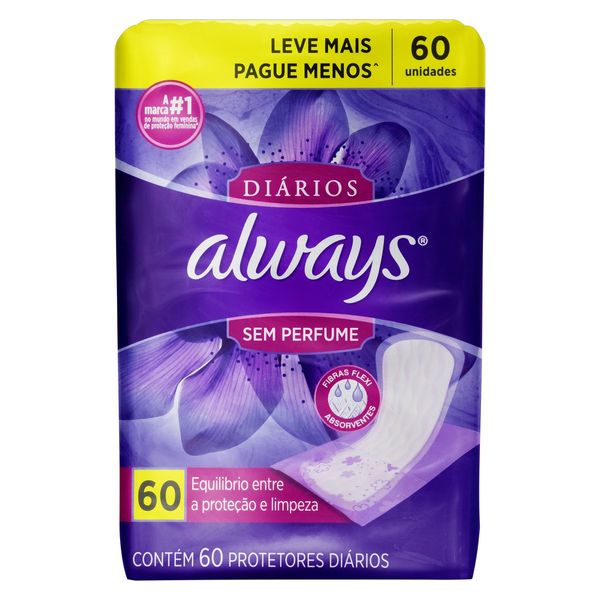 Protetor Diário sem Abas Always Pacote 60 Unidades Leve Mais Pague Menos Protetor Diário sem Abas Always Pacote 60 Unidades Leve Mais Pague Menos