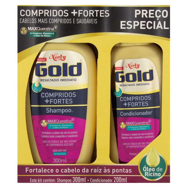 Kit Shampoo 300ml + Condicionador 200ml Niely Gold Compridos + Fortes