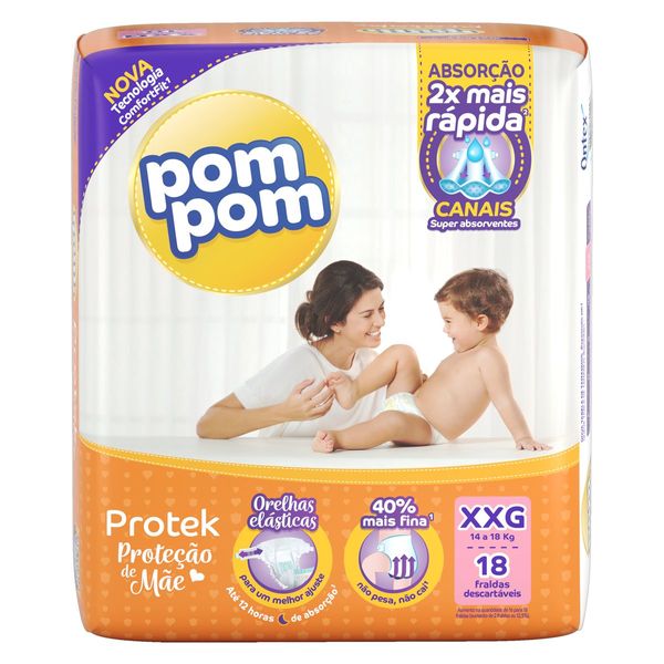 Fralda Descartável Infantil Pom Pom Protek Proteção de Mãe XXG Pacote 18 Unidades