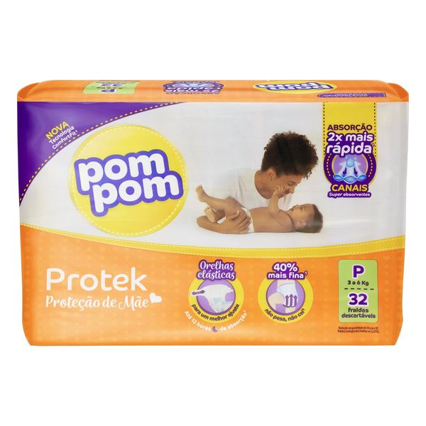 Fralda Descartável Infantil Pom Pom Protek Proteção de Mãe P Pacote 32 Unidades