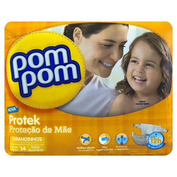 Fralda Descartável Infantil Pom Pom Protek Proteção de Mãe Grandinhos  Pacote 14 Unidades