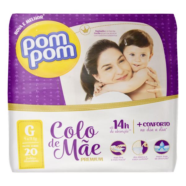 Fralda Descartável Infantil Pom Pom Colo de Mãe Premium G Pacote 20 Unidades