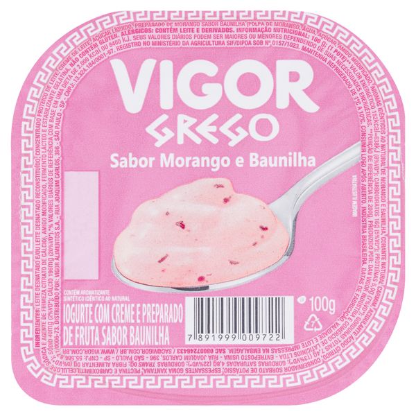 Iogurte Grego Morango e Baunilha Vigor Pote 100g