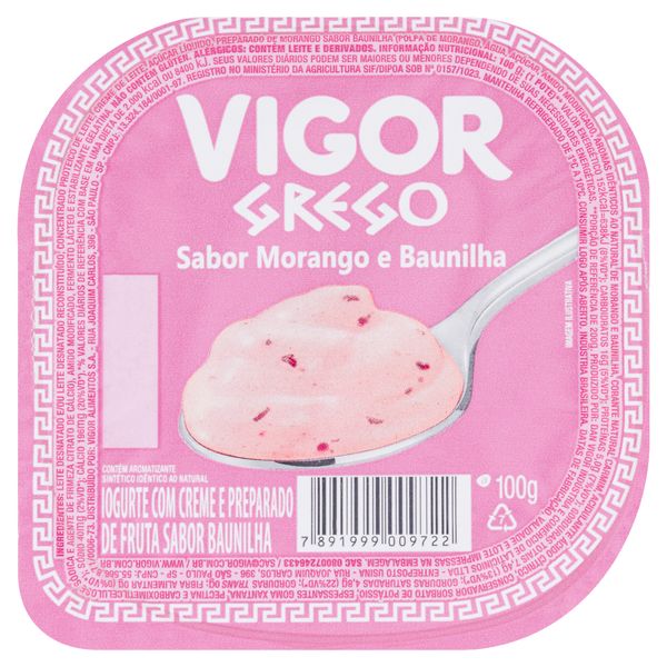 Iogurte Grego Morango e Baunilha Vigor Pote 100g Iogurte Grego Morango e Baunilha Vigor Pote 100g