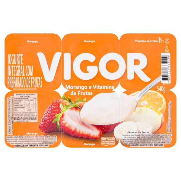Iogurte Integral Morango + Vitamina de Frutas Vigor Bandeja 540g 6 Unidades