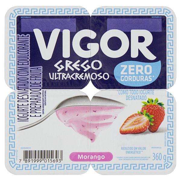 Iogurte Desnatado Grego Ultracremoso Morango Vigor Bandeja 360g 4 Unidades