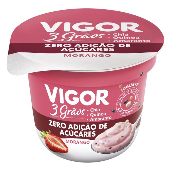Iogurte Integral Morango sem Adição de Açúcar Vigor 3 Grãos Pote 100g