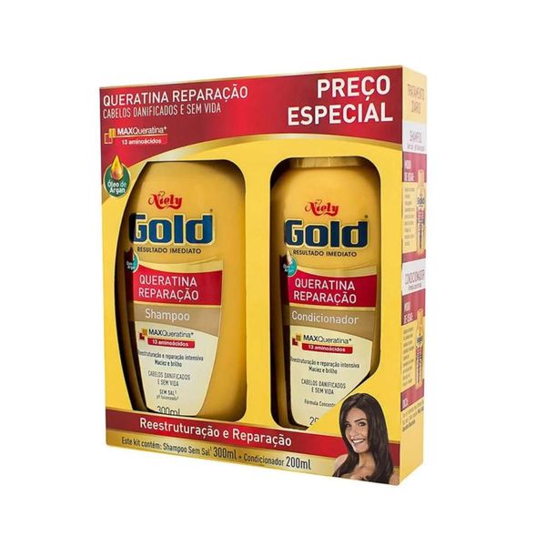 Kit Capilar Shampoo 300ml e Condicionador 200ml NIELY GOLD Queratina Reparação Pacote 1un