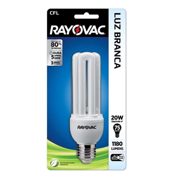 Lampada Fluorescente Compacta RAYOVAC CFL 20W 127V Flat Luz Branca Caixa 1un