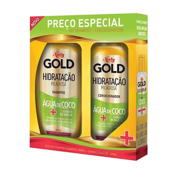 Kit Capilar Shampoo 300ml e Condicionador 200ml NIELY GOLD Hidratação Milagrosa Água de Coco Pacote 1Un