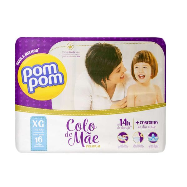 Fralda Descartável Infantil Pom Pom Colo de Mãe Premium XG Pacote 16 Unidades