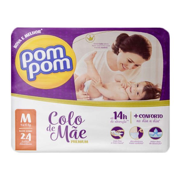 Fralda Descartável Infantil POM POM Colo de Mãe Premium M Pacote 24 Unidades