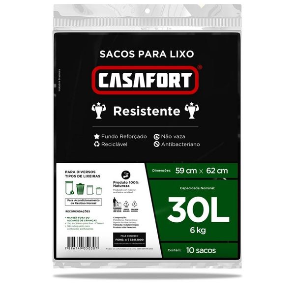 Saco de Lixo CASAFORT Preto Almofada 30L 10Un Saco de Lixo CASAFORT Preto Almofada 30L 10Un