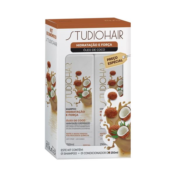 Kit STUDIO HAIR Shampoo+Condicionador Hidratação e Força Muriel Óleo de Coco Caixa 250ml Cada