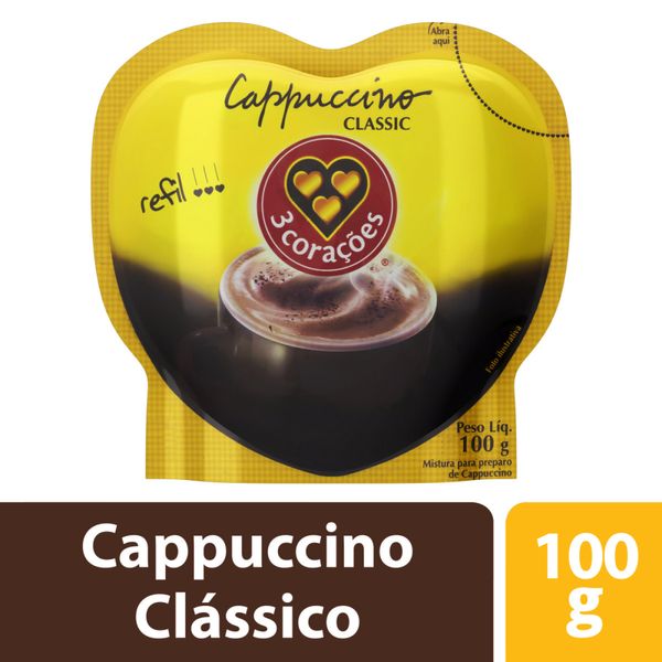 Cappuccino Solúvel Classic 3 Corações Sachê 100g Refil