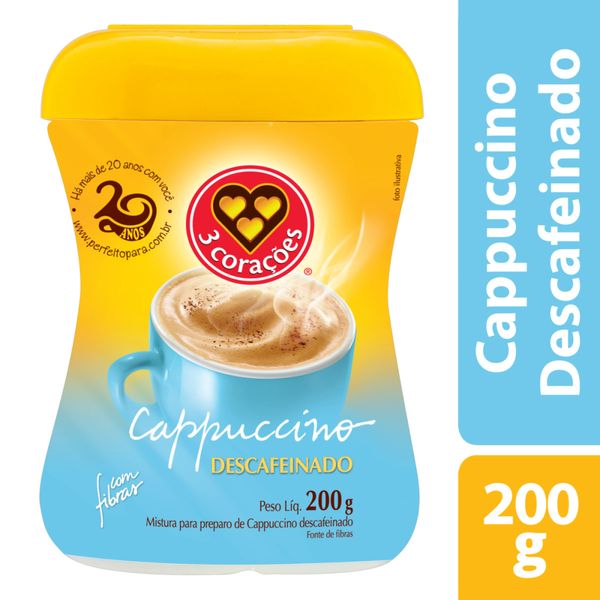 Cappuccino Solúvel Descafeinado 3 Corações Pote 200g