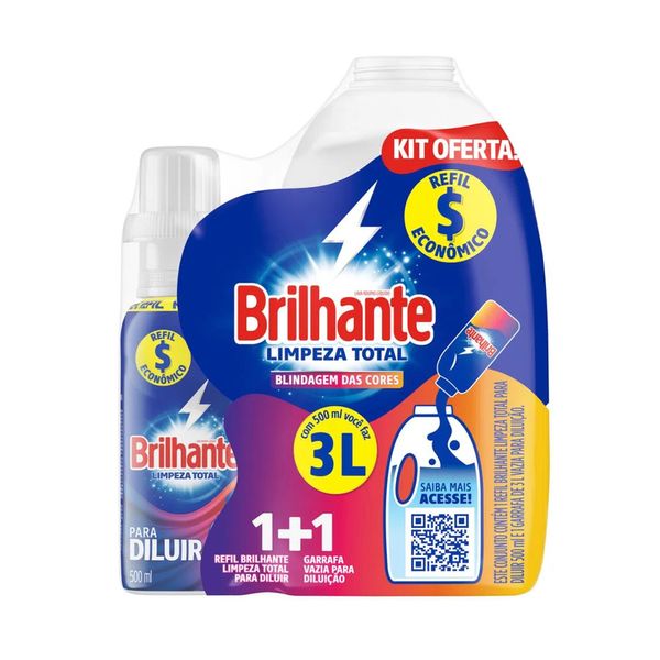 Kit Brilhante Garrafa para Diluição + Lava Roupas para Diluir Limpeza Total 500ml