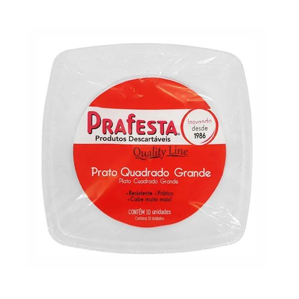 Prato Plástico Descartável Branco PRAFESTA Quality Line Quadrado Grande Contém 10 Unidades