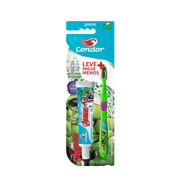 Kit Infantil Escova Dental + Gel Dental com Flúor de Morango 50g CONDOR Avengers