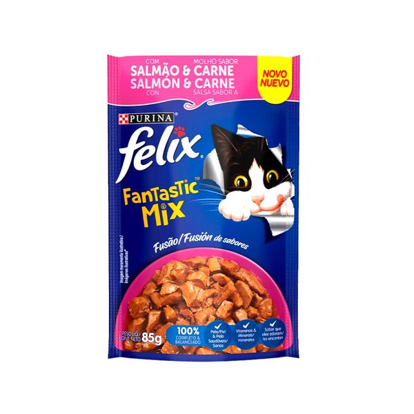 Ração Úmida para Gatos FELIX Fantastic Mix Salmão e Carne 85g