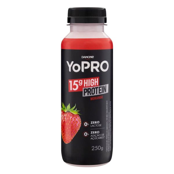 Iogurte Desnatado Zero Lactose YOPRO 15g High Protein Sabor Morango Frasco 250g