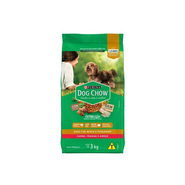 Ração para Cães Adultos, Minis e Pequenos Purina Dog Chow Sabor Carne, Frango e Arroz Embalagem 3kg