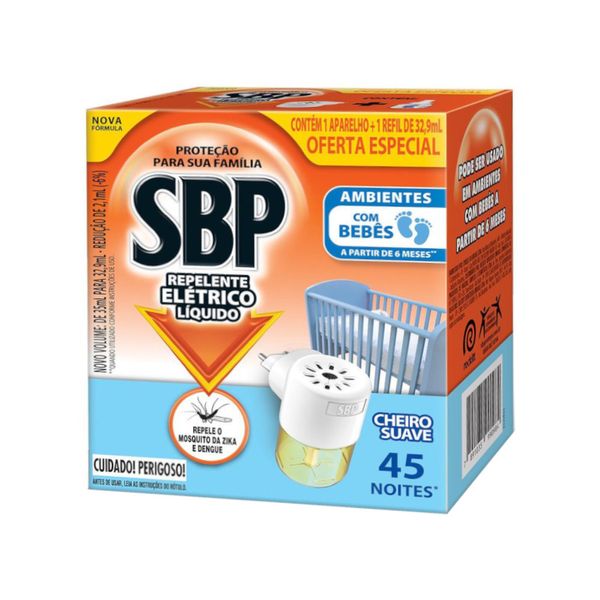Repelente Elétrico Líquido SBP Aparelho + Refil Cheiro Suave para Bebês 32,9ml