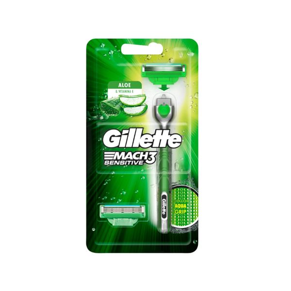Aparelho de Barbear Gillette Mach3 Acqua Grip Sensitive + 2 Cargas