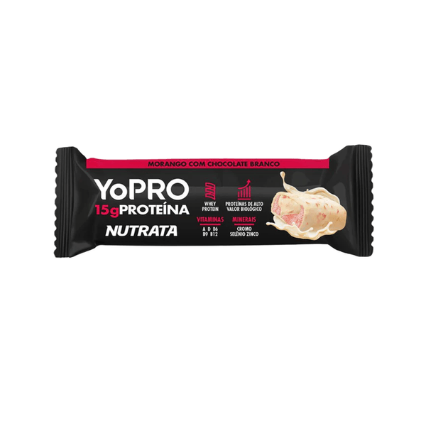Barra de Proteína Nutrata Yopro Sabor Morango com Chocolate Branco Embalagem 55g