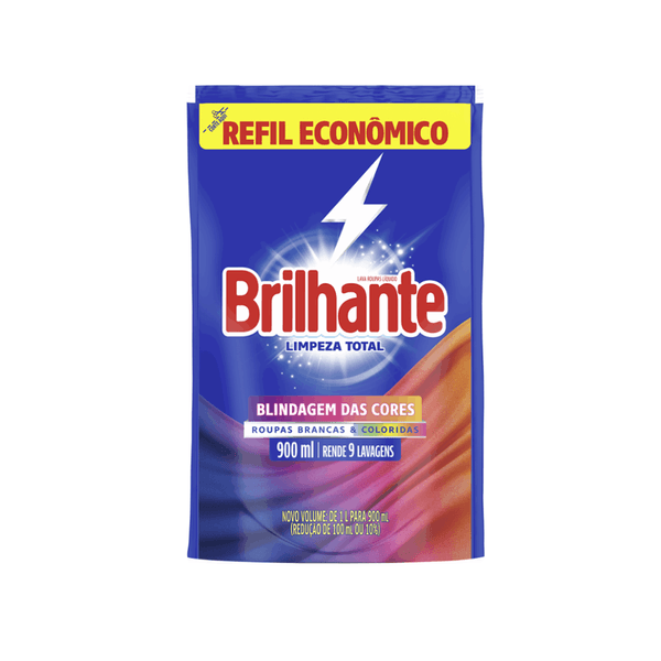 Lava Roupas Líquido Brancas e Coloridas BRILHANTE Limpeza Total Refil Econômico Embalagem 900ml