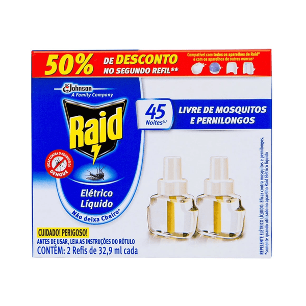 Repelente Elétrico Líquido RAID Grátis 50% de Desconto na 2Un Caixa 32,9ml