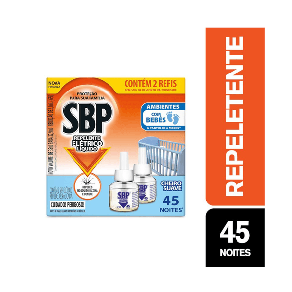 Repelente Elétrico Líquido SBP 45 Noites Cheiro Suave com 2 unidades de 32.9ml