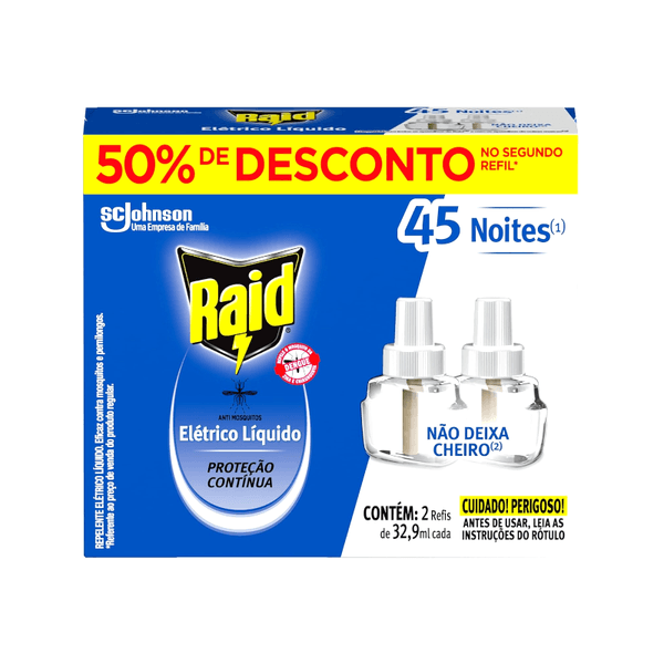 Repelente Elétrico RAID 45 Noites Grátis 50% Off na 2un Caixa 32,9ml