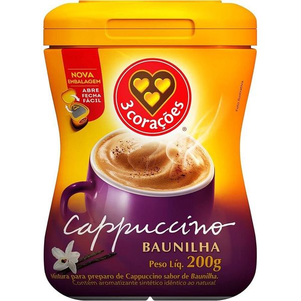 Cappuccino Solúvel Baunilha 3 Corações Pote 200g