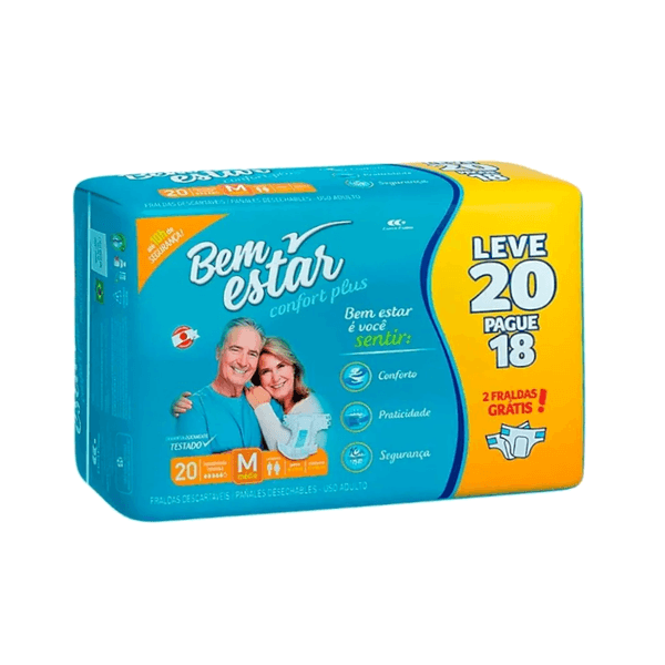 Fralda Descartável para Adultos BEM ESTAR Confort Plus M pacote Leve 20 Pague 18