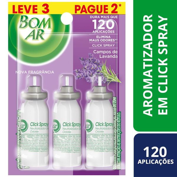 Aromatizador Bom Ar Click Spray Refil Leve 3 Pague 2 Campos de Lavanda