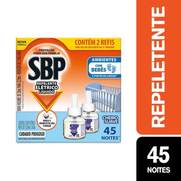 Repelente Elétrico Líquido SBP 45 Noites Cheiro Suave com 2 unidades de 32.9ml