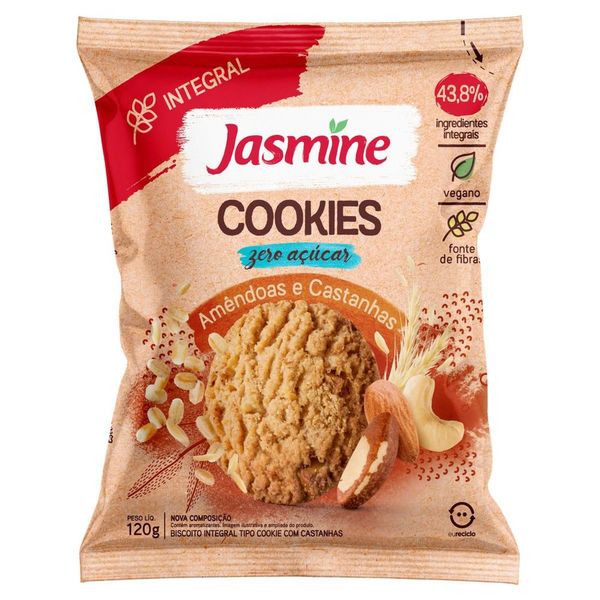 Biscoito Cookie Vegano Integral Amêndoas e Castanhas Zero Açúcar Jasmine 120g