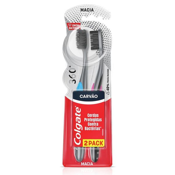Escova de dente contra bactérias Colgate 360º Carvão 2 unid
