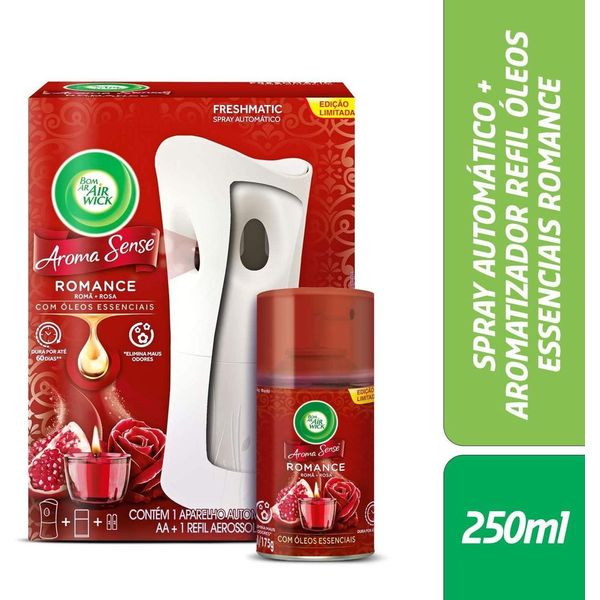 Aromatizador de Ambiente Bom Ar Aerossol Automático Freshmatic Aroma Sense Romance Aparelho e Refil 250ml