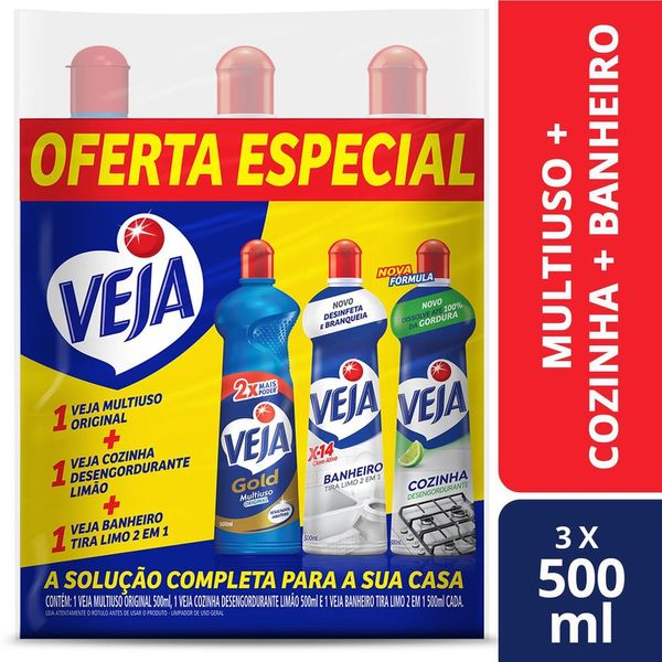 Kit Veja - 1 Limpadores Multiuso Original 500ml + 1 Limpador Cozinha Desengordurante Limão 500ml + 1 Limpador Banheiro Tira Limo 500ml