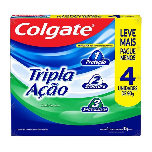 Creme Dental Anticárie com Flúor e Cálcio Colgate Tripla Ação 90g 4 unidades