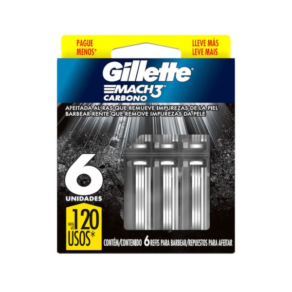 Carga de Aparelho para Barbear Gillette Mach3 Carbono Contém 6 Unidades Leve Mais Pague Menos