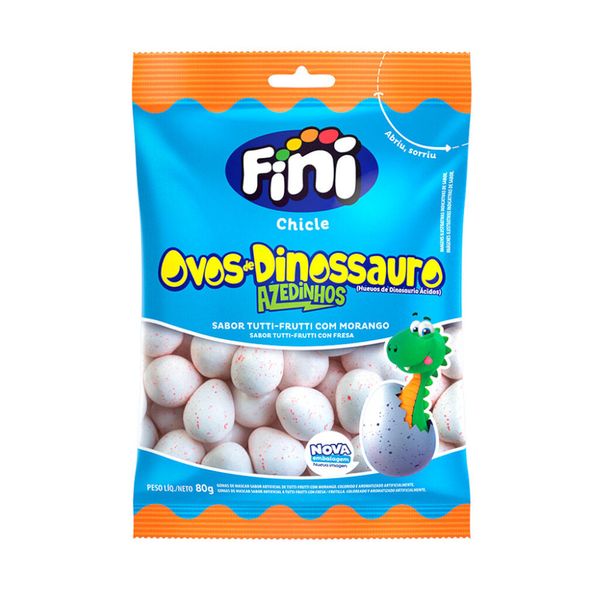 Goma de Mascar Fini Ovos de Dinossauro Azedinhos Sabor Tutti Frutti com Morango Embalagem 80g