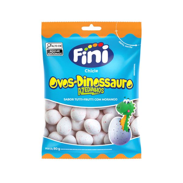 Goma de Mascar Fini Ovos de Dinossauro Azedinhos Sabor Tutti-Frutti com Morango Embalagem 80g