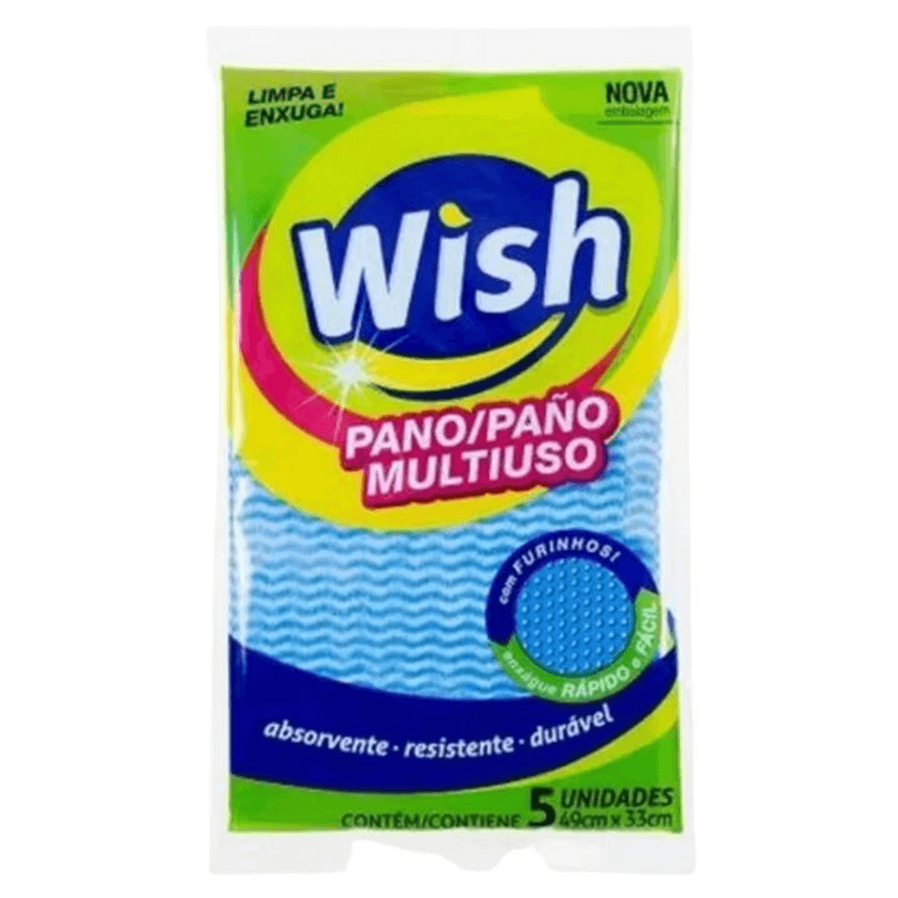 Pano Multiuso Wish Azul Limppano com 5 Unidades